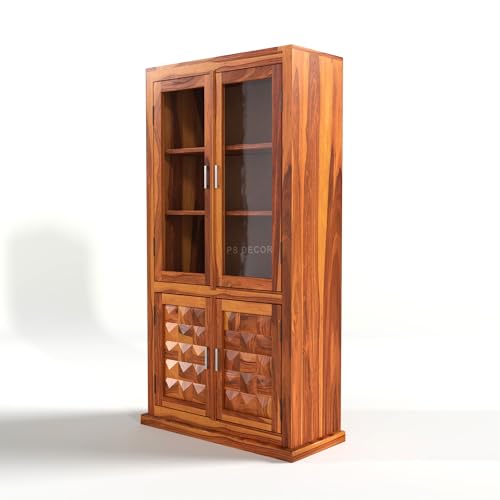 Image of Solid Sheesham Wood Book Shelf with Acrylic Glass Doors and Storage Cabinet | Rosewood Display Unit with 4 Doors for Living Room & Office (Natural Finish)
