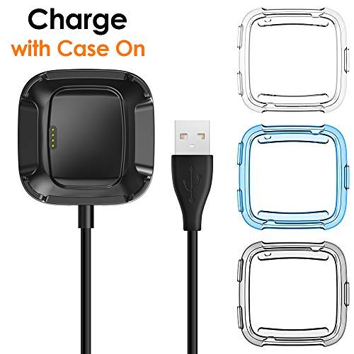 EZCO Compatible with Fitbit Versa Case Plus Charger [3+1 Pack], Exclusive Charging Dock Stand (Can Charge Case On) + Soft TPU Protector Case Bumper for Versa Smart Watch