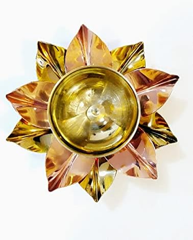 Brass & Copper Kamal Patti Lotus Flower Shape Metal Akand Diya Puja Jyoti Oil Lamp for Traditional Indian Festive Diwali Deepawali Pooja Small Bowl Crystal Dia Home Temple Decoration Gift Items