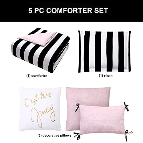 Image of Juicy Couture - Comforter Set, Cabana Stripe Design, Twin Bedding, 5 Piece Set Includes 1 Comforter, 1 Sham and 3 Decorative Pillows, 100% Microfiber Polyester, Wrinkle Resistant