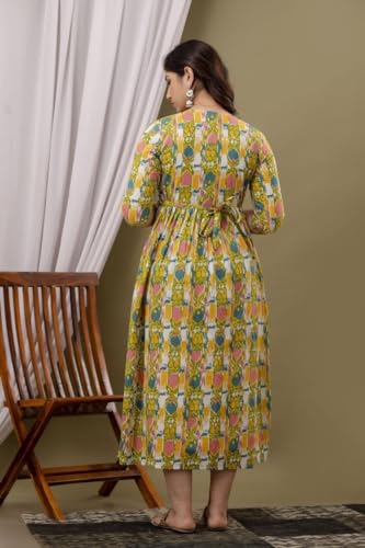 Image of Amazon Brand - Tavasya Women Botanical Floral Printed Maternity Midi Dress | Round Neck | 3 /4 Ruffle Sleeves | Concealed Feeding Zip | Gathered Tiered Nursing Dress