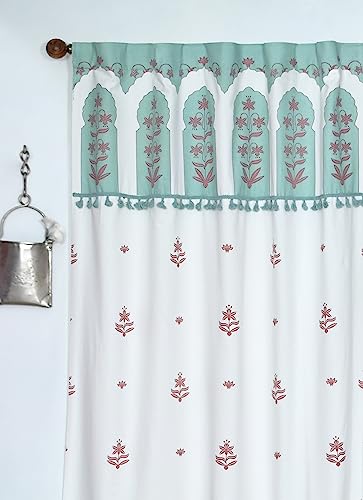 Image of Tranquebar Curtain Co. Cotton Curtains 7 Feet Long Set of 2, 60-65% Room Darkening, Turquoise Mughal Arch Floral Print, Door Curtains 7 Feet Set of 2, BackTabs, Taj (213 cm) - Set of 2