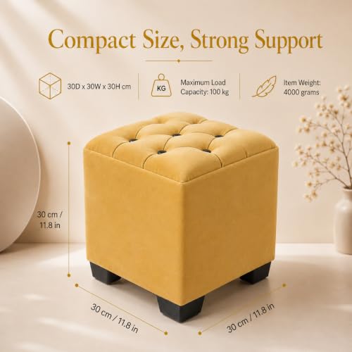 Image of Velvet Cube Ottoman | Seating Stool for Living Room | Soft Cushioned Footrest Stool with Durable Plastic Legs | Multipurpose Seating, Side Table & Pouffe Home Decor, 12x12x14 inch (Yellow)