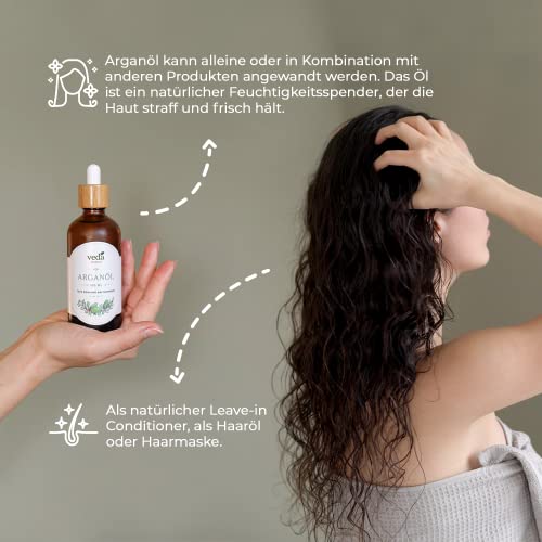 Veda Naturals® Arganöl (100ml) kaltgepresst – vegan – rein & natürlich (Argania Spinosa) aus Marokko – Laborgeprüft - Cosmos Natural certified