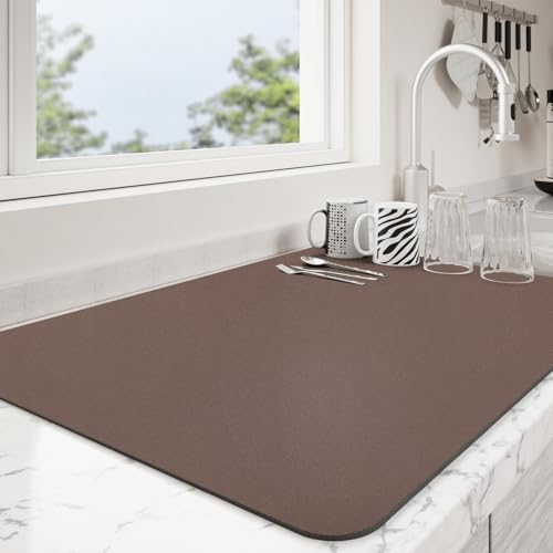 Ecotrim - Dish Drying Mat for Kitchen Counter | Coffee Bar Mat for Countertops | Heat Resistant Drainer Mat with Non-slip Rubber Backed | Hide Stain Kitchen Absorbent Draining Mat | Brown 16