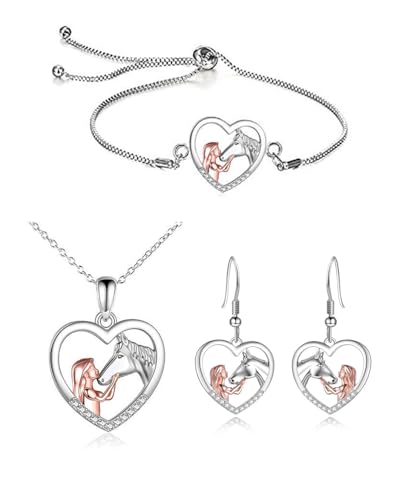 FDCGAS Lot de 3 colliers pour fille et cheval, bracelet, boucles d'oreilles en argent avec pendentif en forme de cœur, cadeau pour fille, petite amie, épouse, mère, fille, amoureux des chevaux