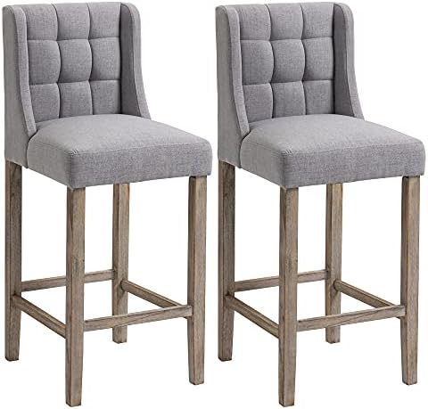 HOMCOM Modern Bar Stools, Tufted Upholstered Barstools, Pub Chairs with Back, Rubber Wood Legs for Kitchen, Dinning Room, Set of 2, Grey