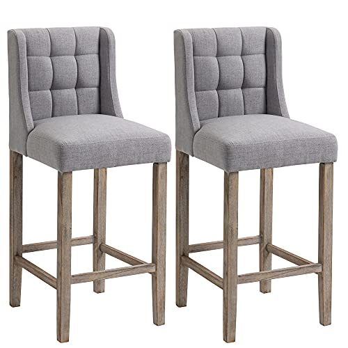 HOMCOM Modern Bar Height Bar Stools Set of 2 Tufted Upholstered Pub Chairs with Back Rubber Wood Legs for Kitchen,Dining Room, Grey