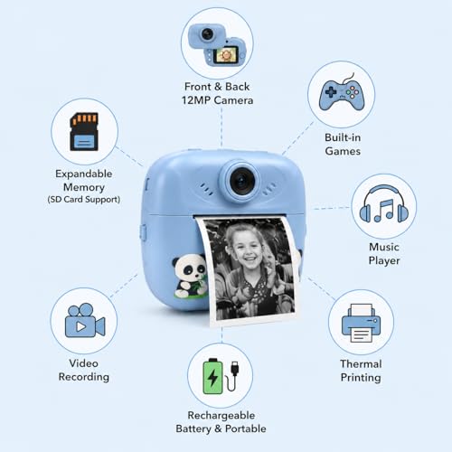 Image of Kids Instant Print Camera, 1080P HD Digital Video Camera with Built-in Thermal Printer, Fun Photo Camera for Boys & Girls (Blue)