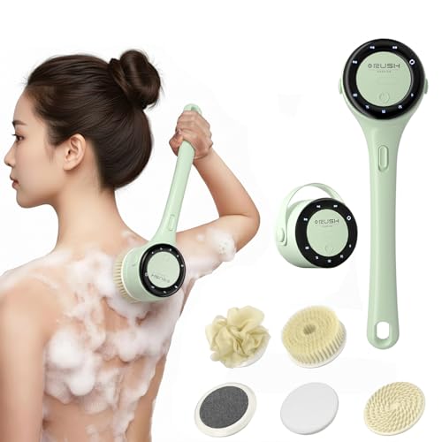 Cepillo Espalda Ducha Eléctrico, Cepillo Exfoliante Corporal de Mango Largo con Mango Desmontable, Cepillo Corporal Eléctrico con 5 Cabezales para Limpieza de Piel,Exfoliación,Masaje (Verde)