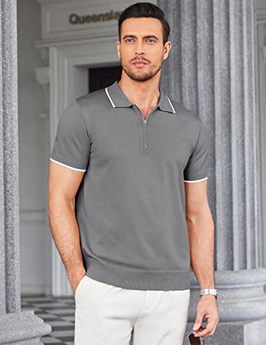 Coofandy Men's Zipper Polo Shirt Casual Knit Short Sleeve Polo T Shirt Classic Fit Shirts Gray Large #TOP2