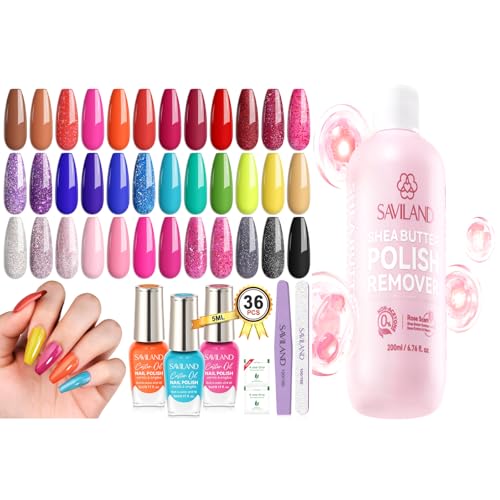 SAVILAND 36pcs Rainbow Colors Air-Dry Nail Polish Kit with 200
