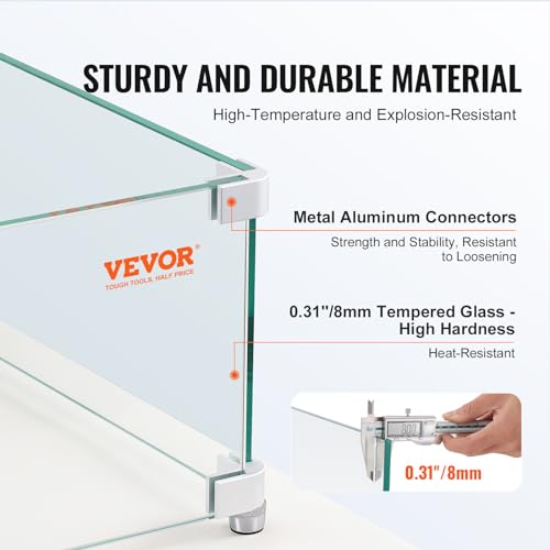 Image of VEVOR Fire Pit Wind Guard, 38 x 10.5 x 6 Inch Glass Wind Guard, Rectangular Glass Shield, 0.3 inch Thick Fire Table, Clear Tempered Glass Flame Guard, Steady Feet Tree Pit Guard for Propane, Gas, Outdoor