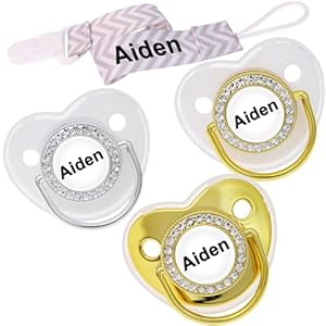 4 piezas, chupete personalizado con nombre, clip para chupete personalizado, regalo para bebés para niños y niñas recién nacidos, accesorios para chupete con purpurina con nombre (0-6 meses) (White)
