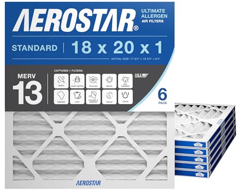 Aerostar 18x20x1 MERV 13 Pleated Air Filter, AC Furnace Air Filter, 6-Pack (Actual Size: 17 3/4' x 19 3/4' x 3/4')