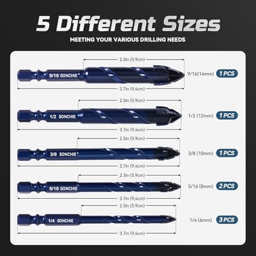 Upgraded SONCHIE Serrated Masonry Drill Bit Set - 1/4 to 9/16 Inch 8-Piece Set Industrial & HouseholdDrill Bit Set for Concrete/Tile/Glass/Brick/Ceramic/Plastic/Wood