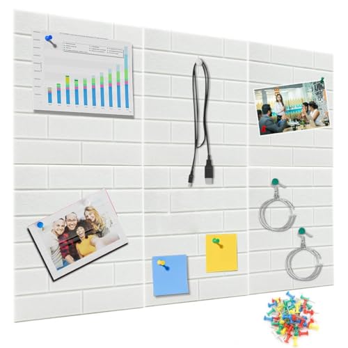 Image of 6Pcs Felt Black Boards with 50 Drawing Pins, 30x30cm Self Adhesive Wall Brick Pattern Utility Felt Board for Photo, Memo, Reminder Notes (White)