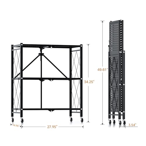 Image of Simple Deluxe 3-Tier Folding Storage Shelves, 27.95 inch W x 14.96 inch D x 34.25 inch H Foldable Shelving Unit, 750 Lbs Loading Capacity, Black