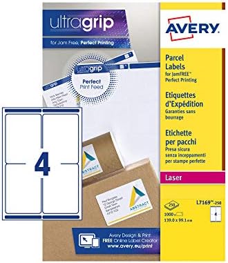 Avery L7169 Self Adhesive Parcel Shipping Labels, Laser Printers, 4 Labels Per A4 Sheet, 1000 Labels, UltraGrip, White