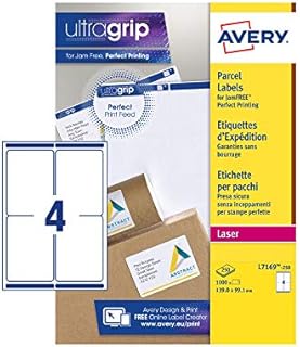 Avery L7169 Self Adhesive Parcel Shipping Labels, Laser Printers, 4 Labels Per A4 Sheet, 1000 Labels, UltraGrip, White