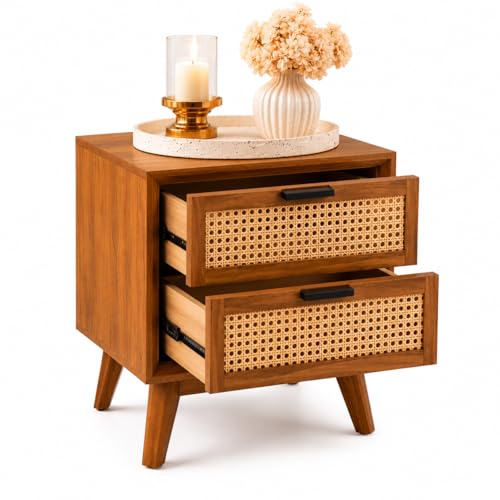 Image of Wooden Bedside Table for Bedroom | Wooden Bed Side Nightstand Lamp Table with 2 Drawers Storage | Premium Solid Wood Side End Table for Living Room, Office | Rattan Cane- Honey Finish