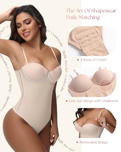 Image of SHAPSHE Strapless Shapewear Corset Bodysuit Tops for Women Tummy Control V Neck Thong Body Shaper Going Out Outfits