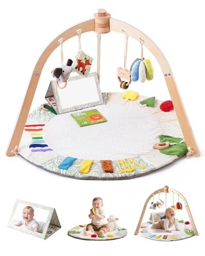 Image of Samonyed Wooden Baby Play Gym Mat – Anti - Slip Tummy Time & Activity Mat, 5 Developmental Zones & 6 Sensory Toys for Motor Skills, Easy Install & Clean | Newborn Essentials Gift