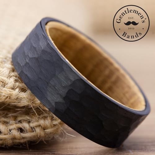 Gentlemen's Bands Premium Black Tungsten Hammered Wedding Band with Real Whiskey Barrel Wood | Wedding Ring Is Ideal Gift | Package Includes Silicone Band, Walnut Box, Leather Pouch4