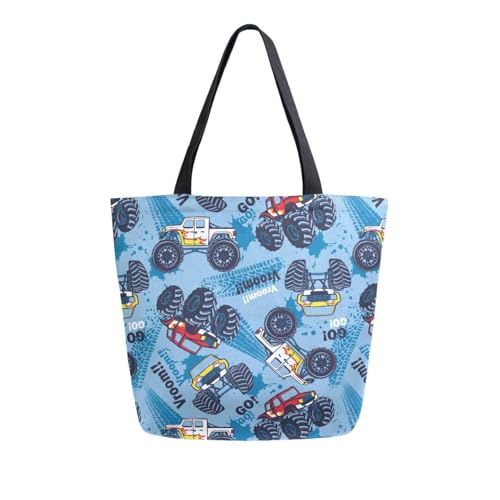 Vroom Quoted Blue Truck Canvas Tote Bag for Women with Zipper Pocket Reusable Grocery Shopping Bags Large Travel Shoulder Bag Handbag Bags