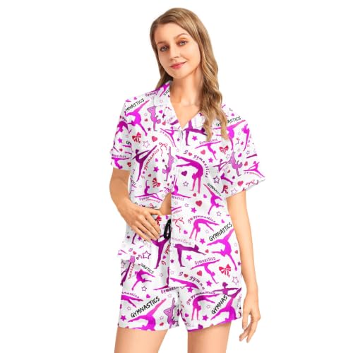 Image of Funny Satin Pajamas Set for Women Button Down Sleepwear Print Pjs Set 2 Piece Short Sleeve Loungewear Gift for Women