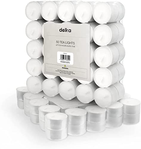 delka Unscented Tea Lights White – 50 Pack – Long-Lasting 8 Hour Burn Time – Smoke-Free Bright Flame – Ideal for Weddings, Events, Aromatherapy, Home Décor, and Emergency Use – Premium Quality