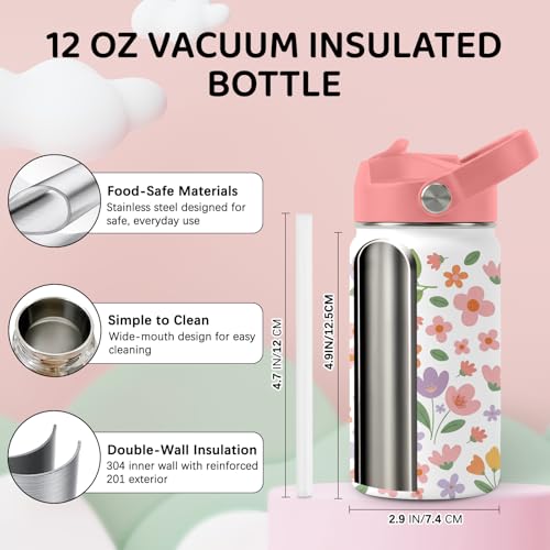 Image of Flower Water Bottle for Son & Daughter, Stainless Steel Insulated Tumbler with Straw Lid and Handle, 12oz Reusable Leak-Proof Bottle for Sports