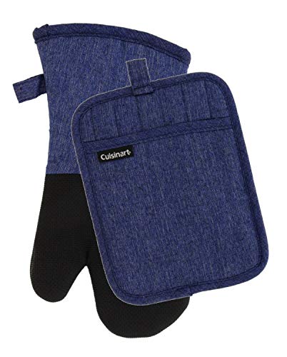 Cuisinart Kitchen Oven Mitt/Glove & Rectangle Potholder with Pocket Set- Neoprene for Easy Gripping, Heat Resistant up to 260 Degrees C, Chambray Kitchen Accessories- Indigo