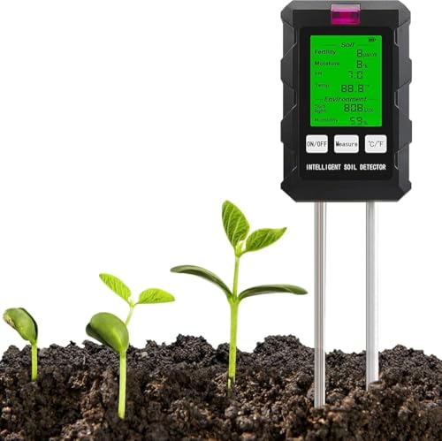 SenZjx Medidor de suelo, 6 en 1, funciona con pilas, comprobador de pH, temperatura, fertilidad, intensidad de luz, humedad ambiental, medidor de humedad de plantas para césped, plantas en maceta