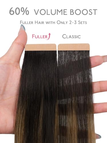 Image of WENNALIFE Fuller Tape in Hair Extensions Human Hair, 16 inch 20pcs 80g Balayage Dark Brown Mixed Chestnut Brown Remy Hair Straight Tape in Extensions Skin Weft Tape Ins Extensiones De Cabello Humano