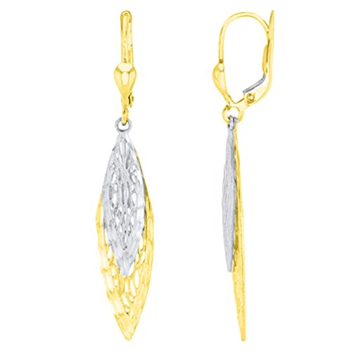 Textured 14K Two Tone Gold Fancy Double Leaf Drop Dangle Earrings