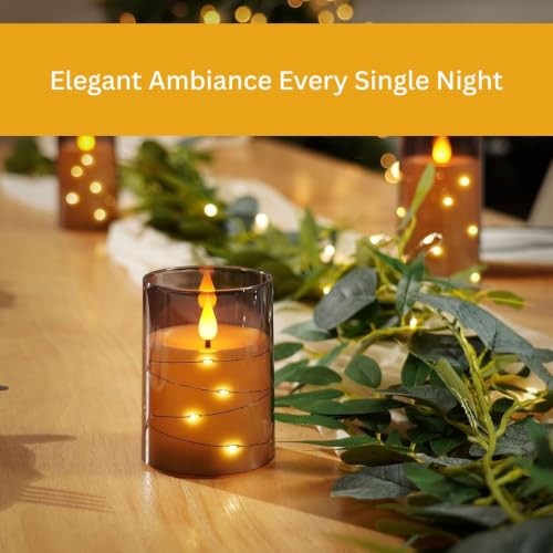 Image of Flickering Flame with Fairy Lights | Flameless Candles 3 Set | Grey Acrylic LED Pillars | Remote & Timer | Battery Operated | D3 xH4 5 inch 6 inch | Home Decor | Safe & Stylish