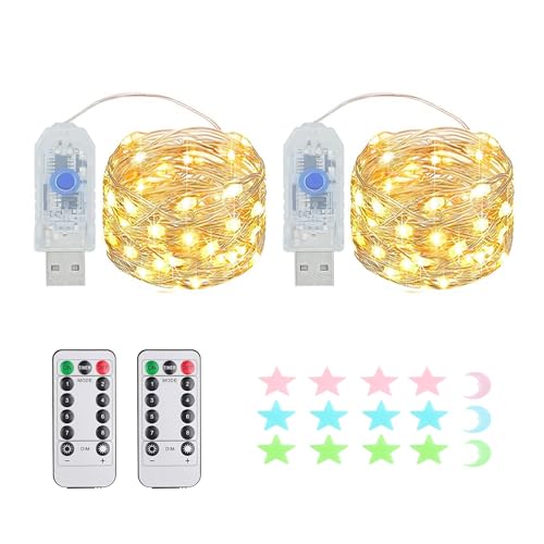 MUXIJIA Guirlande lumineuse LED, 50 LEDs, fonction minuterie, 8 modes Guirlandes USB Extérieur/Intérieur étanche avec télécommande pour chambre, cour, mariage, Noël, bricolage, etc. (blanc chaud)