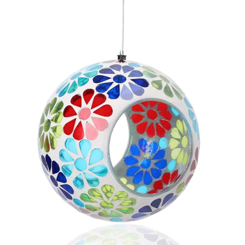 Bird Feeder - Mosaic Fly Through Bird Feeders for Outside Hanging with Round Shape Glass Container Birdfeeder for Garden Decor, 6.5 Inch Colorful Flower Design