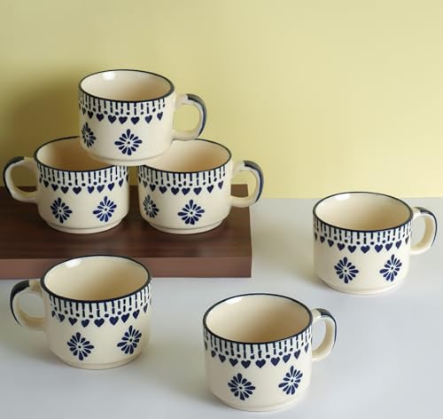Image of Classyo Ceramic Tea Cup Set of 6 for Tea, Microwave and Dishwasher Safe, Capacity - 220ml Each (Blue Floral)