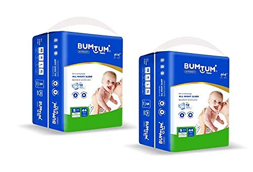 Bumtum Baby Diaper Pants with Double Layer Leakage Protection - 4 to 8Kg (88 Count, Small, Pack of 2)