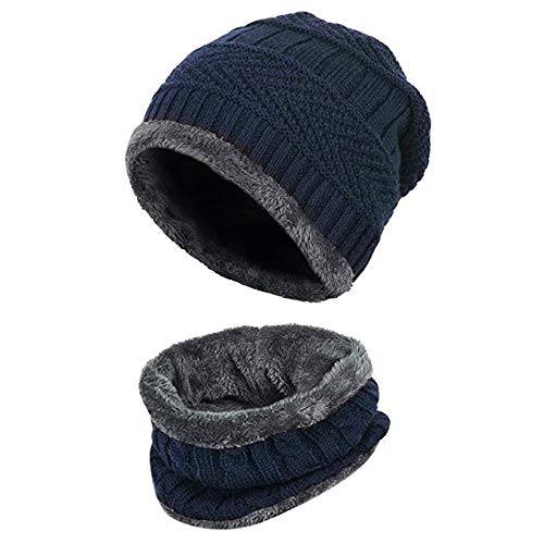 Gajraj 2-Pieces Winter Beanie Hat Neck Scarf Set Warm Knitted Fur Lined For Men & Women-image-46