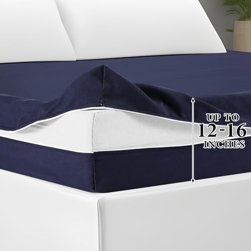 HunnmingRe Zippered Mattress Fitted Protector Deep Mattress Encasement Soft Zipper Fitted Sheet Microfiber Bed Sheet Cover for Bed (Navy Blue Queen 12-16in)