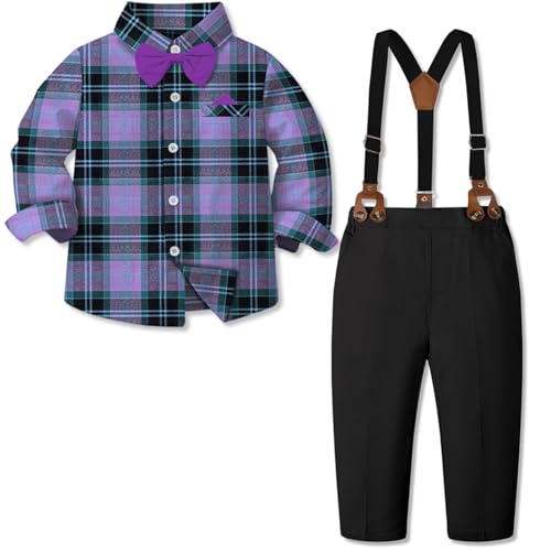 Image of SANGTREE Boys Gentleman Clothes Set, Short Sleeve Shirt with Bowtie + Suspender Pants Outfit, 3 Months - 6 Years