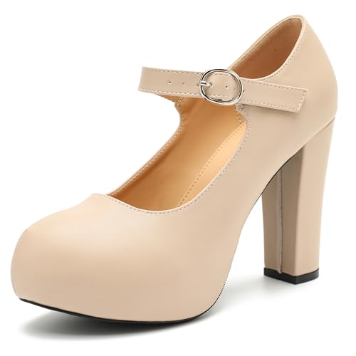 Women's Mary Jane Platform High Chunky Heels Closed Toe Ankle Strap Pumps Round Toe Comfortable Dress Shoes