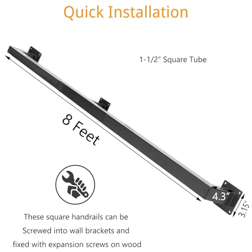 Senmit 8 Feet Square Tube Handrail, Wall Mount Industrial Modern Staircase Handrail for Indoor Outdoor Steps, 600lbs Load Capacity, Metal Non-Slip Grab Handle for Stairs Loft Porch, Matte Black