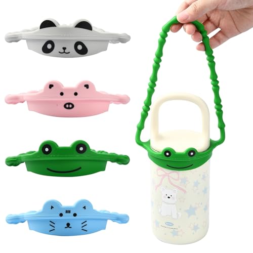 LiQunSweet 4 pcs 4 Colors Cute Animal Theme Silicone Water Bottle Handle Strap Panda Pig Cat Frog Flexible Sling Holder for DIY Carrying Cup Bottle Accessories