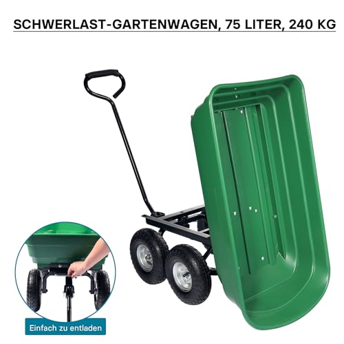 Wiltec Gartenwagen mit Kippfunktion bis 240 kg, Handwagen mit 75 l Volumen, Bollerwagen für Gartenarbeit, Handkarren für u. a. Rasen, Kies u. Schlamm