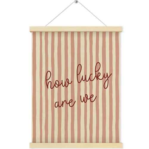 QEJ Trendy Retro Inspirational Wall Art Decor, How Lucky Are We Canvas Poster Hanger Frame, Minimalist Red Striped Wall Decorations for Home Bedroom Dorm Apartment Decor, 12x16 Inch