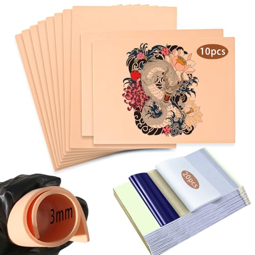 Worldget Tattoo Practice Skin 30 Pcs Fake Skin*10pcs 3mm Silicone 6 * 8in Transfer Paper*20pcs Tattoo pad Tattooing Sheet Double Side for Beginners Artists